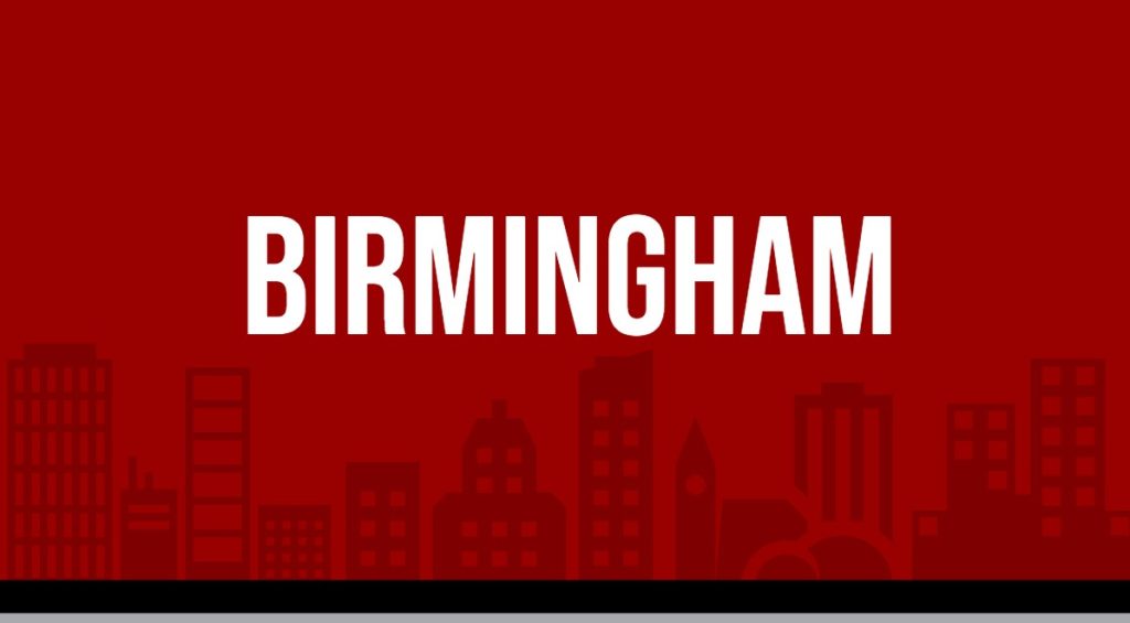 Red rectangle with white text displaying "Birmingham" image is linked to Metro area report page